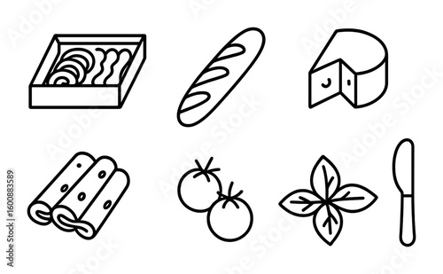 Picnic Snack Icons. Outline icon set of picnic snacks: charcuterie box, baguette, soft cheese, hard cheese,