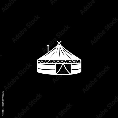 White yurt represents shelter at campsite in minimalistic black background design