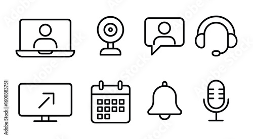 Virtual Event Icons. Outline icon set of virtual event attendees: laptop, webcam, chat bubble, headset, screen