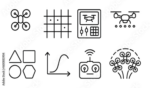 Drone Choreography Line Icons. Outline icon set of aerial drone choreography: synchronized drones, sky grid,