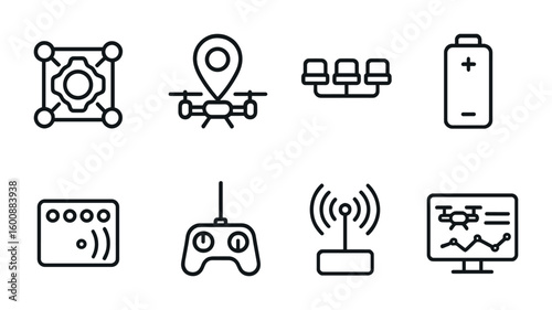 Drone Technology Icons. Outline icon set of drone performance technology: flight controller, navigation system