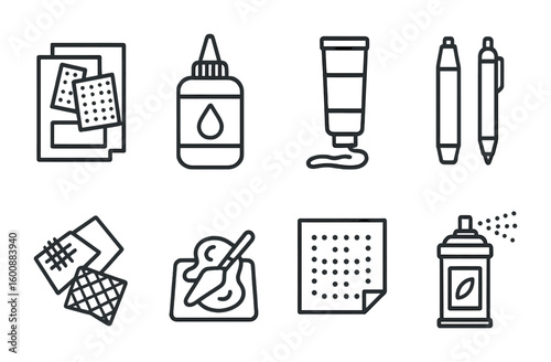 Mixed Media Icons. Outline icon set of mixed media art: collage paper, glue, acrylic paint, markers, fabric