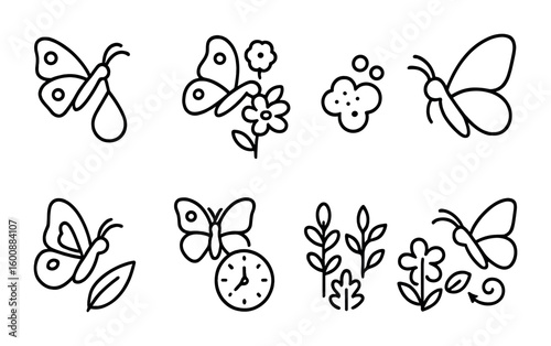 Butterfly Feeding Icons. Outline icon set of butterfly feeding habits: nectar, flower, pollen, proboscis,