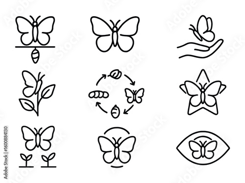 Butterfly Symbolism Icons. Outline icon set of butterfly symbolic meanings: transformation, beauty, freedom,