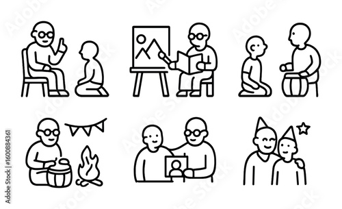 Elder Wisdom Icons. Outline icon set of elder wisdom and guidance: advice giving, storytelling, teaching