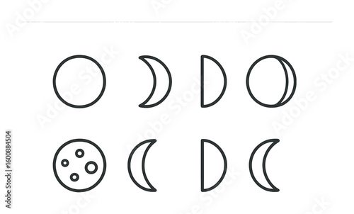 Moon Phases Icons. Outline icon set of moon phases: new moon, waxing crescent, first quarter, waxing gibbous,