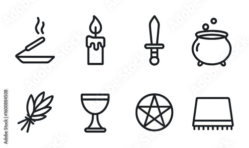 Mystical Ritual Icons. Outline icon set of mystical rituals: incense stick, candle flame, ritual knife,