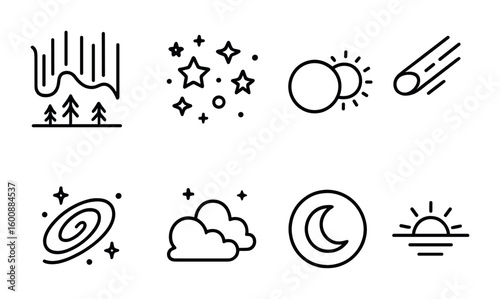 Night Sky Icons. Outline icon set of night sky phenomena: aurora borealis, star cluster, eclipse, meteor,