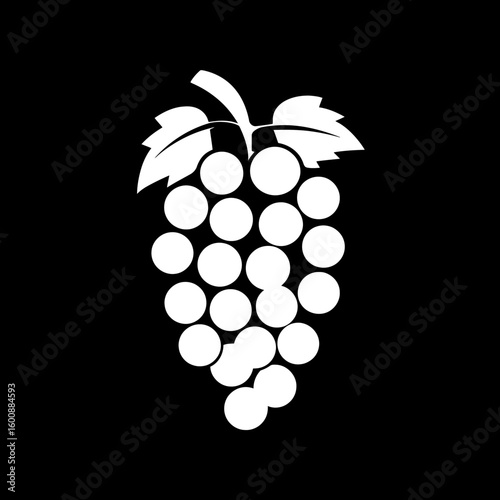 White grapes icon represents cluster in silhouette on black background for wine making