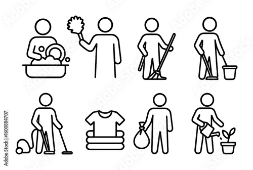 Household Chore Icons. Outline icon set of household chores: washing dishes, dusting, sweeping, mopping,