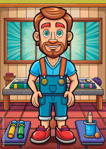 Smiling adult male in overalls standing confidently in a craft room. He displays a happy expression and is positioned amidst craft supplies. showcasing a friendly and approachable demeanor.