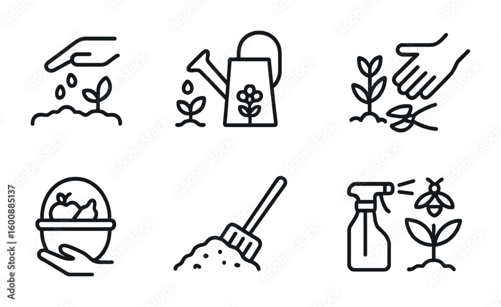 Fototapeta premium Seasonal Gardening Icons. Outline icon set of seasonal gardening activities: seed planting, watering, weeding,