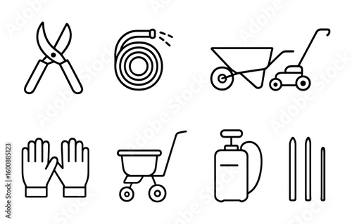 Garden Tool Icons. Outline icon set of garden maintenance: pruning shears, watering hose, wheelbarrow, lawn