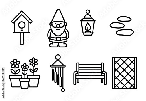 Garden Decor Icons. Outline icon set of garden decorations: birdhouse, garden gnome, lantern, stepping stones,