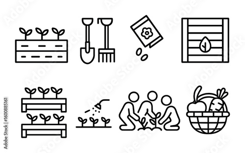 Community Gardening Icons. Outline icon set of community gardening: garden plot, shared tools, seed exchange,