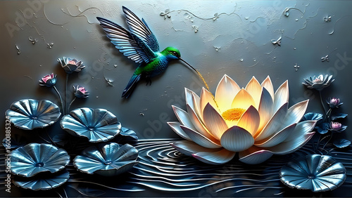 Metallic hummingbird sipping from glowing night lotus over silver rippling pond