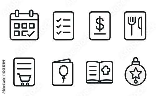 Holiday Planning Icons. Outline icon set of holiday planning: calendar, checklist, budget, menu, shopping list