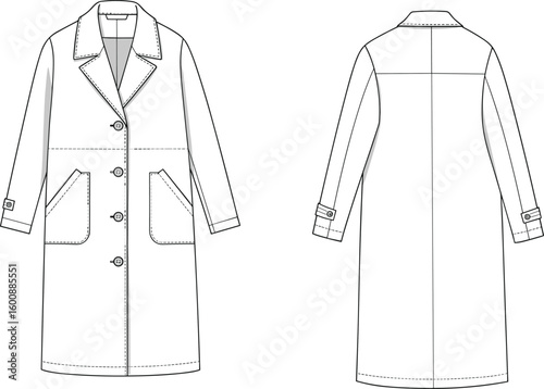 Coat technical drawing, front view, back view, notched lapel collar, patch pockets, buttoned cuffs, fashion flat, garment blueprint, apparel template, clothing layout, fashion CAD, coat mockup, center