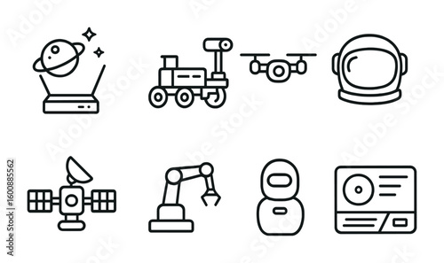 Futuristic Space Icons. Outline icon set of futuristic space devices: holographic display, space rover, drone