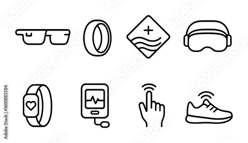 Wearable Tech Icons. Outline icon set of advanced wearable tech: AR glasses, biometric ring, smart fabric, VR