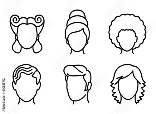 Retro Hairstyle Icons. Outline icon set of retro hairstyles: victory rolls, beehive, afro, pixie cut, finger