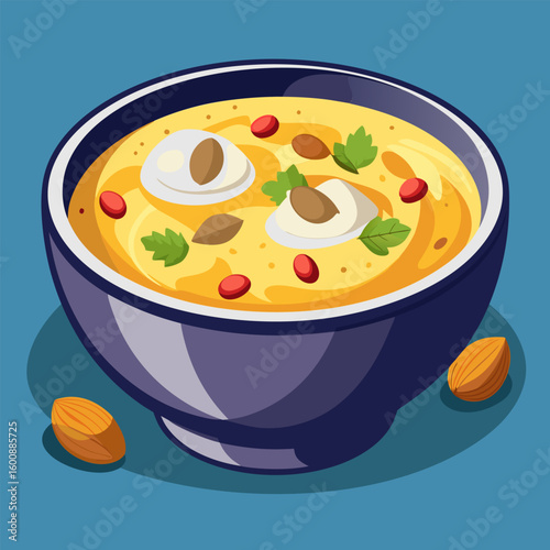 A bowl of creamy. colorful soup with toppings. presented against a simple background. A vibrant. healthy meal in a deep purple bowl. featuring almonds. herbs. and spices.
