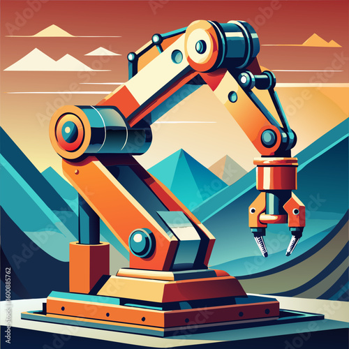 Industrial robot arm with vibrant color palette in a futuristic landscape. The arm is poised in a working position. exhibiting intricate mechanical details against a backdrop of stylized mountains.