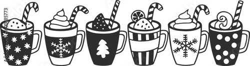 Christmas hot chocolate, cocoa mug, coffee cup, coffee, latte and tea. Beverage cozy set isolated on white background. New Year drink, winter dessert, holiday sweet menu. Cartoon festive vector File.