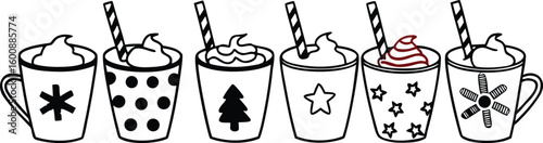 Christmas hot chocolate, cocoa mug, coffee cup, coffee, latte and tea. Beverage cozy set isolated on white background. New Year drink, winter dessert, holiday sweet menu. Cartoon festive vector File.