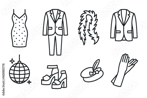 Retro Fashion Icons. Outline icon set of retro party fashion: sequin dress, metallic suit, feather boa, velvet