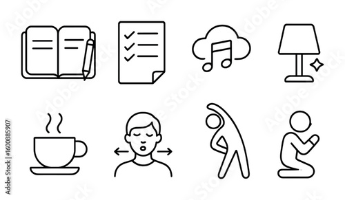 Nighttime Ritual Icons. Outline icon set of nighttime rituals: journaling, gratitude list, calming music, dim