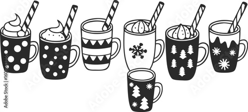 Christmas hot chocolate, cocoa mug, coffee cup, coffee, latte and tea. Beverage cozy set isolated on white background. New Year drink, winter dessert, holiday sweet menu. Cartoon festive vector File.
