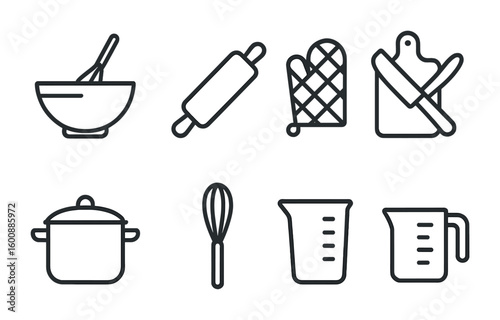 Homemade Cooking Icons. Outline icon set of homemade cooking: mixing bowl, rolling pin, oven mitts, chopping