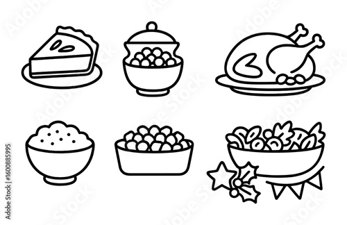 Festive Potluck Icons. Outline icon set of festive potluck: holiday dishes, pumpkin pie, cranberry sauce,