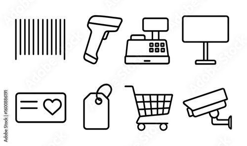 Retail Tech Icons. Outline icon set of retail technology: barcode, inventory scanner, POS system, digital