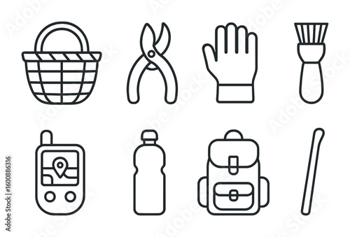 Forest Foraging Tools. Outline icon set of forest foraging tools: wicker basket, pruning shears, foraging