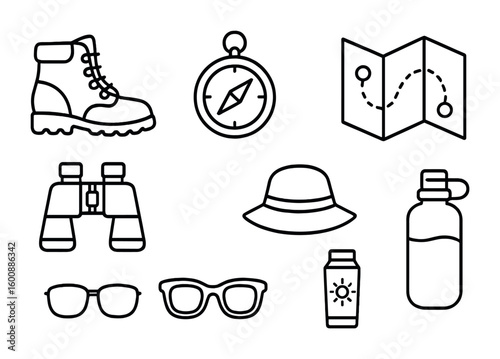 Foraging Adventure Icons. Outline icon set of foraging expedition: hiking boots, compass, trail map,