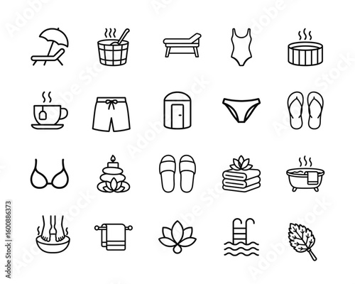 Spa Icon Set, Wellness, sauna, massage, hot tub, aromatherapy, steam, towel, robe, relaxation, flip flops, beauty, zen, bath, swim vector icons