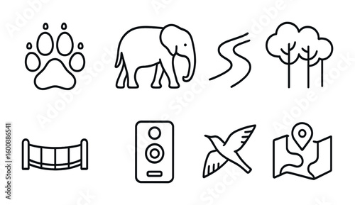 Endangered Species Icons. Outline icon set of endangered species pathways: tiger paw, elephant silhouette,