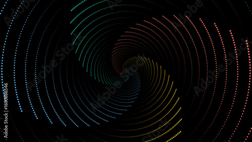 Abstract colorful dotted spiral vortex background vector – dynamic circular pattern with glowing particles on black, perfect for technology, AI, digital motion, sci-fi visuals, data tunnel, Vector BG