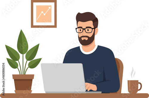 Cartoon man with glasses working on laptop with plant and coffee.