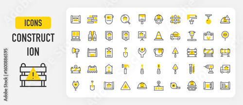 Construction icons. Plan, Search, Roadblock, Window, Hard Hat, Blocks, Danger Sign, Plan, File, Roadblock, File, Truck, Presentation, Toolbox, Wrench, Hammer vector stroke illustration.