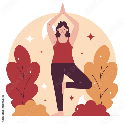 Woman practicing yoga tree pose outdoors surrounded by stylized autumn foliage and sparkling elements