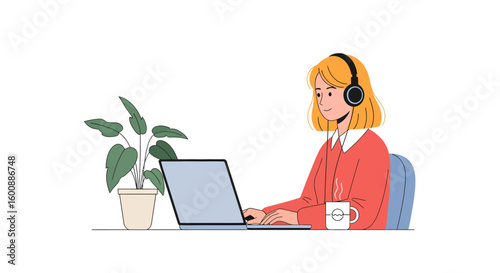 Cartoon woman with headphones working on laptop with coffee and plant.