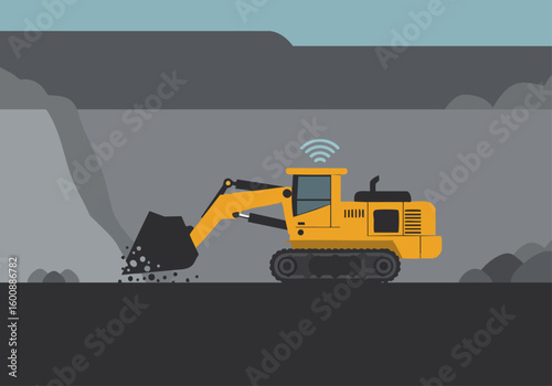 An autonomous yellow excavator operates in a dark mine shaft, utilizing 5G automation. A modern, industrial scene with a dramatic backdrop.