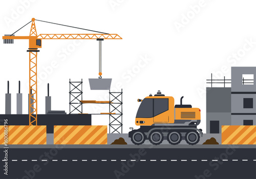 Construction site scene with a crane, truck, and building under development. Modern, flat design illustration. Ideal for business, construction, and urban themes.