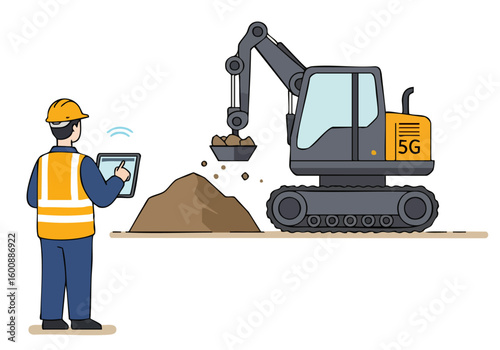 A construction worker uses a tablet to monitor a 5G-enabled excavator on a construction site. Modern technology meets heavy machinery.  Clear, bright illustration.