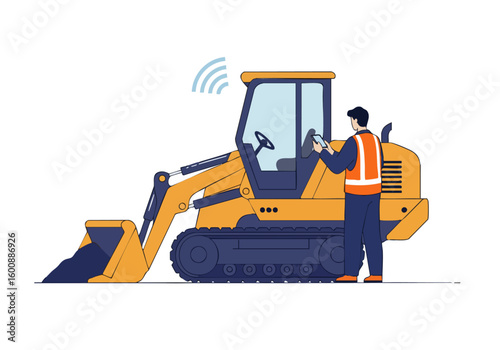 A construction worker uses a tablet to monitor a yellow excavator. Modern illustration showcasing 5G connectivity. Clean, professional design.