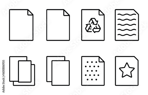 Paper Types Icons. Outline icon set of Paper types and finishes: matte paper, glossy paper, recycled paper,