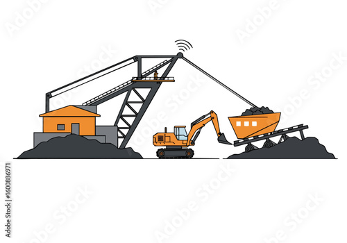 An industrial crane loads a coal cart at a mining site. Modern illustration style, showcasing automated site operations. Clean lines and a professional aesthetic.
